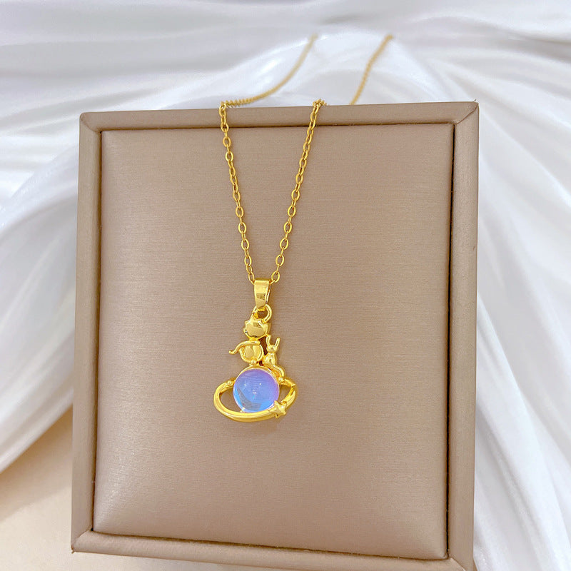 Collana con ciondolo a luna geometrica minimalista da donna e da uomo, catena a medaglione in acciaio inossidabile con strass