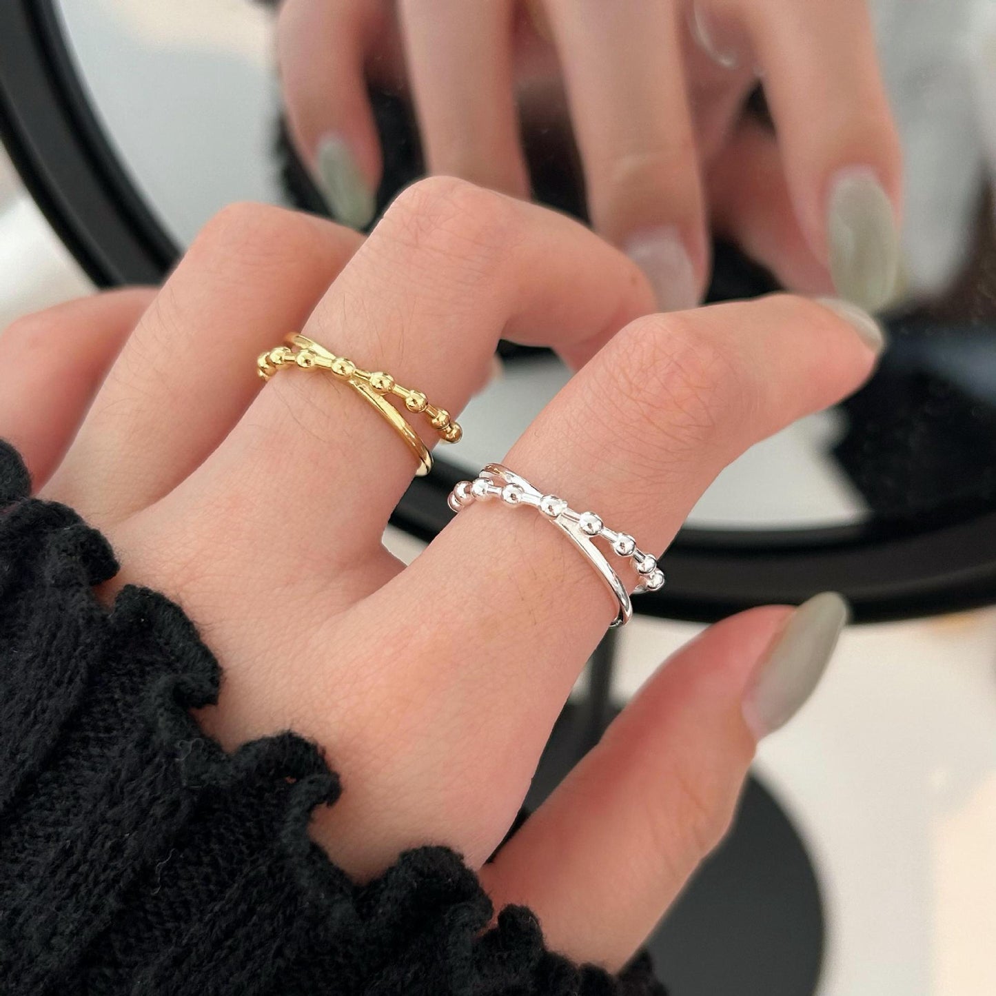 Minimalist Sweet 925 Sterling Silver Infinity Beaded Open Ring for Women