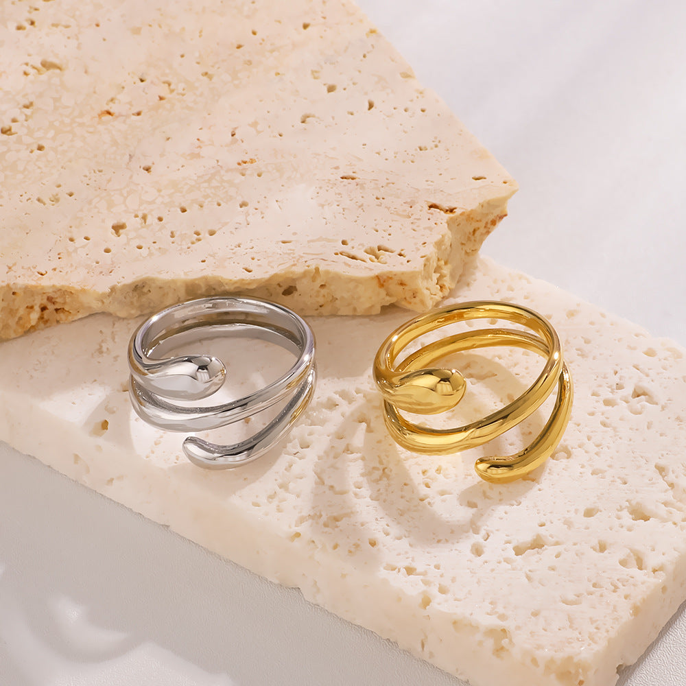Anello multistrato minimalista in acciaio inossidabile lucidato da donna con forme geometriche e a goccia e placcatura sottovuoto in oro 18 carati