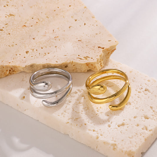 Anillo minimalista de acero inoxidable pulido multicapa para mujer con formas geométricas y de lágrima con chapado en oro de 18K al vacío