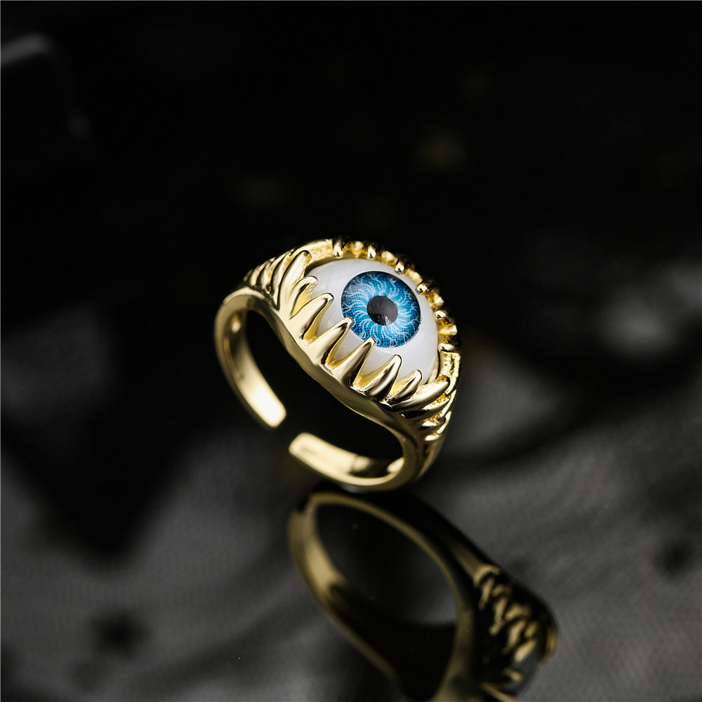 Geometric Micro-Inlay Gold Plated Brass Evil Eye Ring for Women