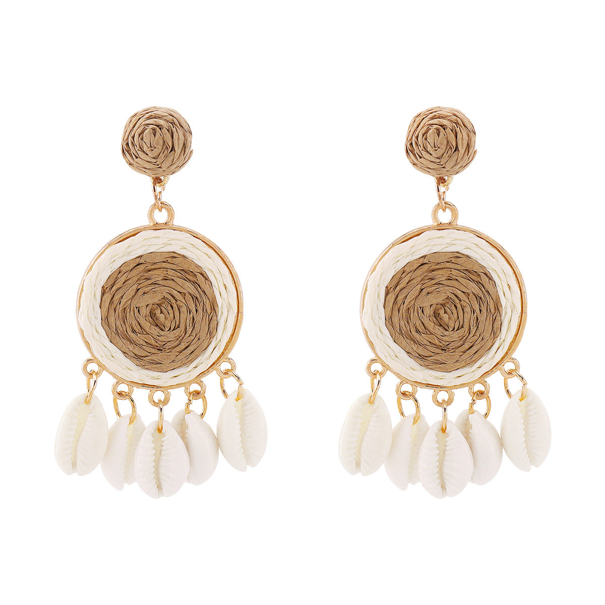 Pendientes de aleación con diseño geométrico y rafia de estilo dulce con detalles de conchas para mujer, joyería para vacaciones de verano