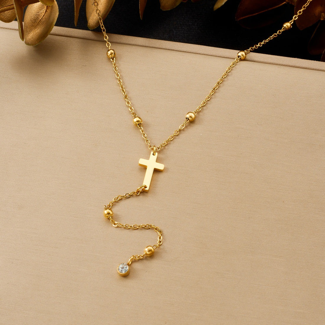 Minimalist Gold Plated Cross Stainless Steel Pendant Necklace with Tassel Ball Chain for Women