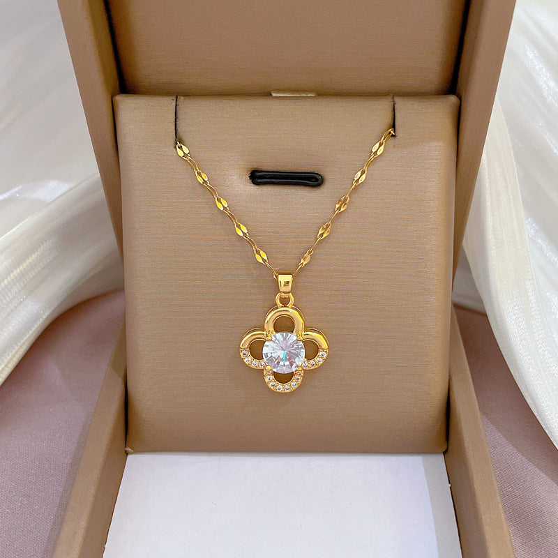 Minimalist Sweet Geometric Titanium Steel Gold Plated Cubic Zirconia Inlay Necklace