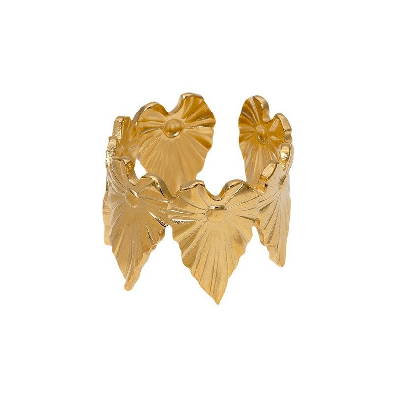 Minimalist 18K Gold Plated Stainless Steel Leaf Ring for Women Open Adjustable Design