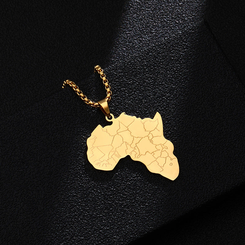 Collana con Ciondolo Mappa dell'Africa Placcato Oro in Acciaio al Titanio Stile Retro Hip-Hop con Ciondolo Elefante su Catena di Perle Quadrate per Unisex
