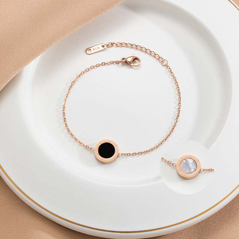 Minimalist Round Roman Numeral Bracelet in Titanium Steel with 18K Rose Gold Plating for Women