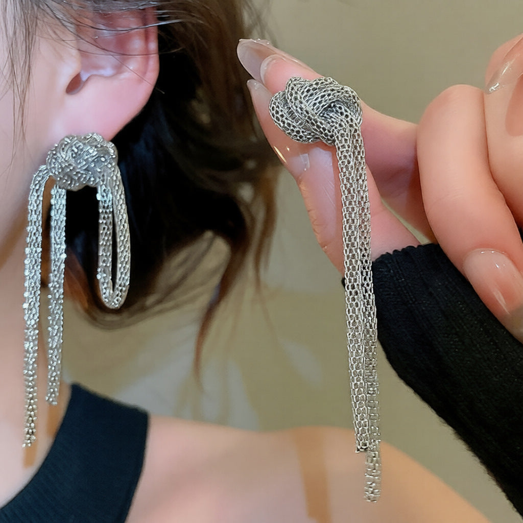 Pendientes colgantes geométricos de estilo vintage con cadena anudada y borla para mujer, hierro galvanizado con postes de acero