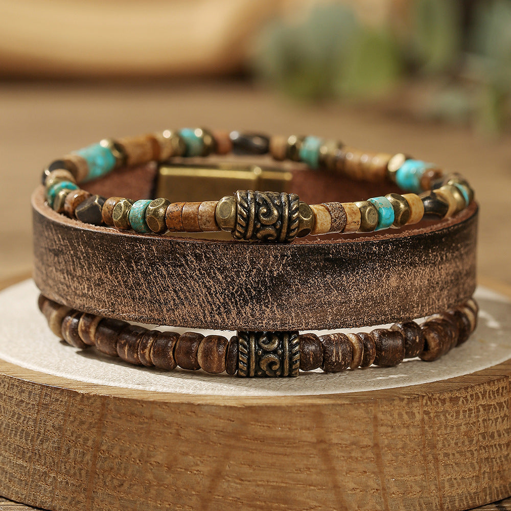 Vintage Round Leather Alloy DIY Charm Bar Bracelet Set Unisex