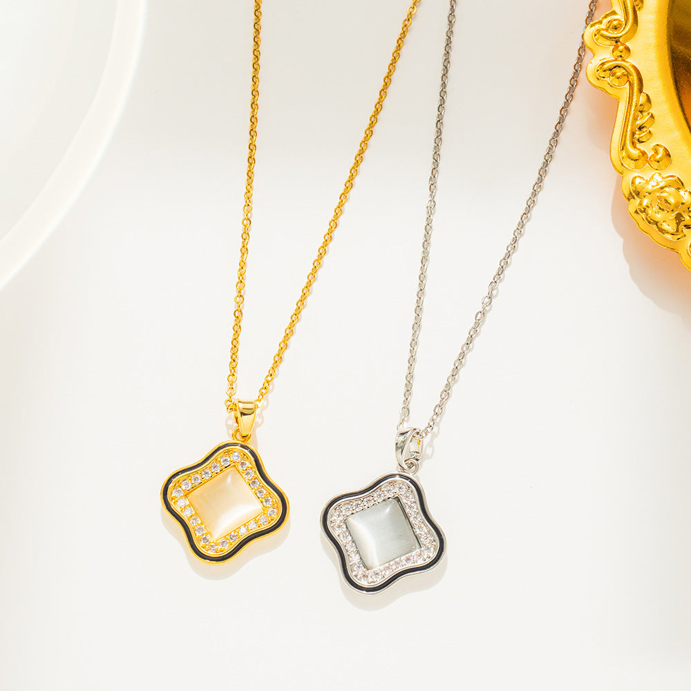 Minimalist Clover-Shaped Titanium Steel Necklace with Micro-Pavé Zirconia and Cat's Eye Stone Pendant on O-Chain for Women