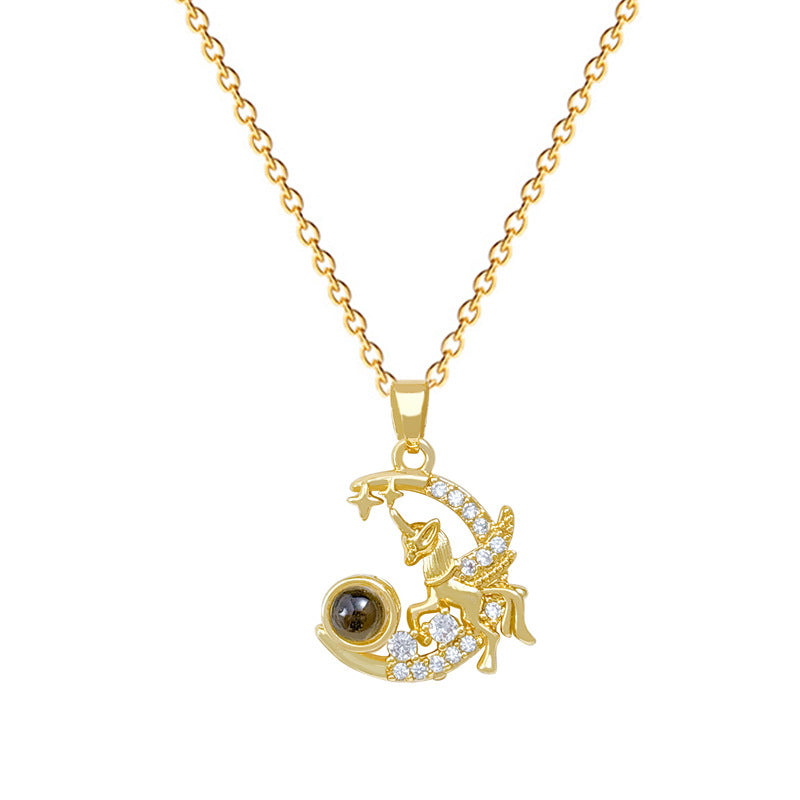Sweet Luxury Moon Geometric Rhinestone Pendant Titanium Steel Necklace for Unisex