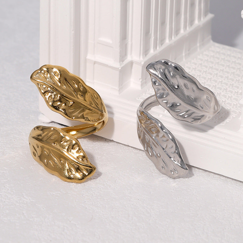 Minimalist Leaf-Shaped Stainless Steel Open Ring with Plating Finish for Women
