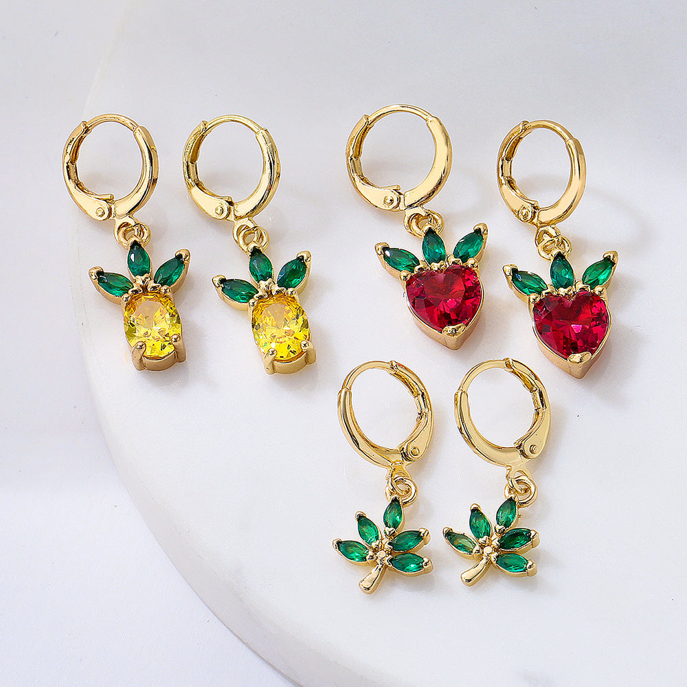 Minimalist Pineapple Strawberry Shaped Copper Earrings with Gold Plating and Micro-Pave Zirconia for Women