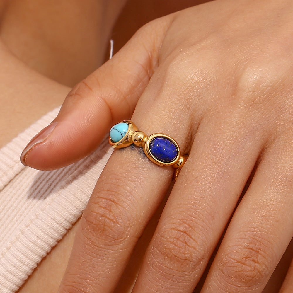Minimalist Geometric Stainless Steel Ring with 18K Gold Plating and Micro-Paved Natural Colored Stones for Women