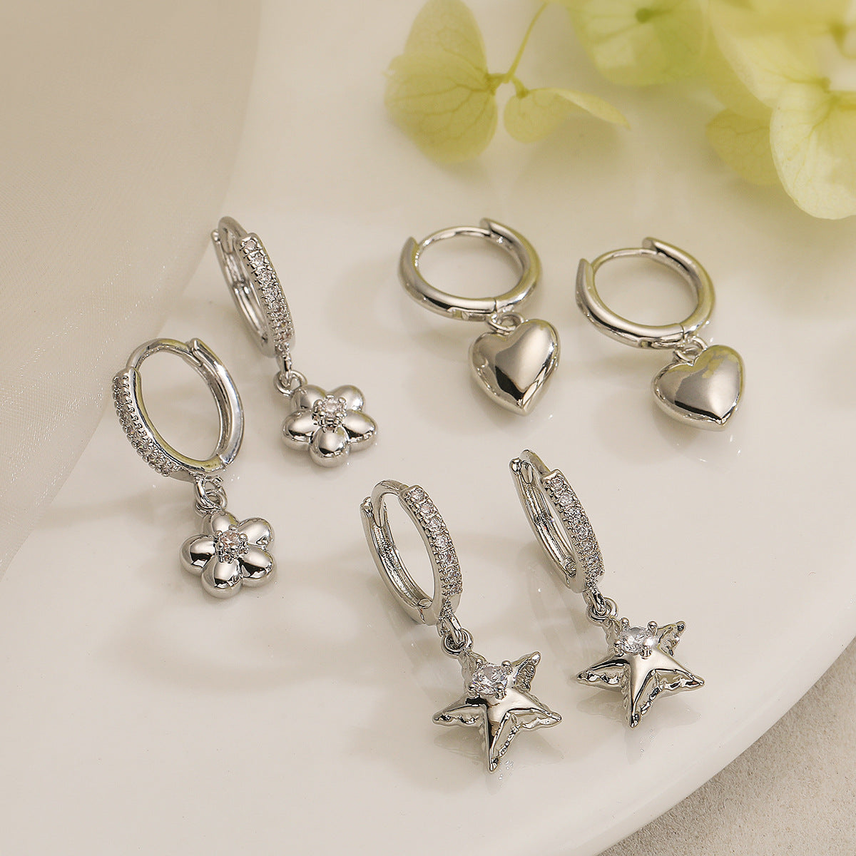 Minimalist Heart Star Floral Shaped Copper Earrings with Real Gold Plating and Zircon Inlay for Women