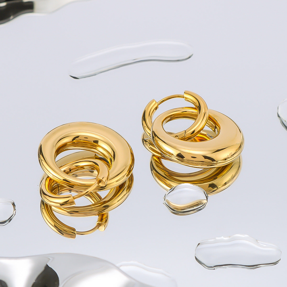 Minimalist Geometric Double Ring Earrings in Stainless Steel with 18K Gold Plating for Women