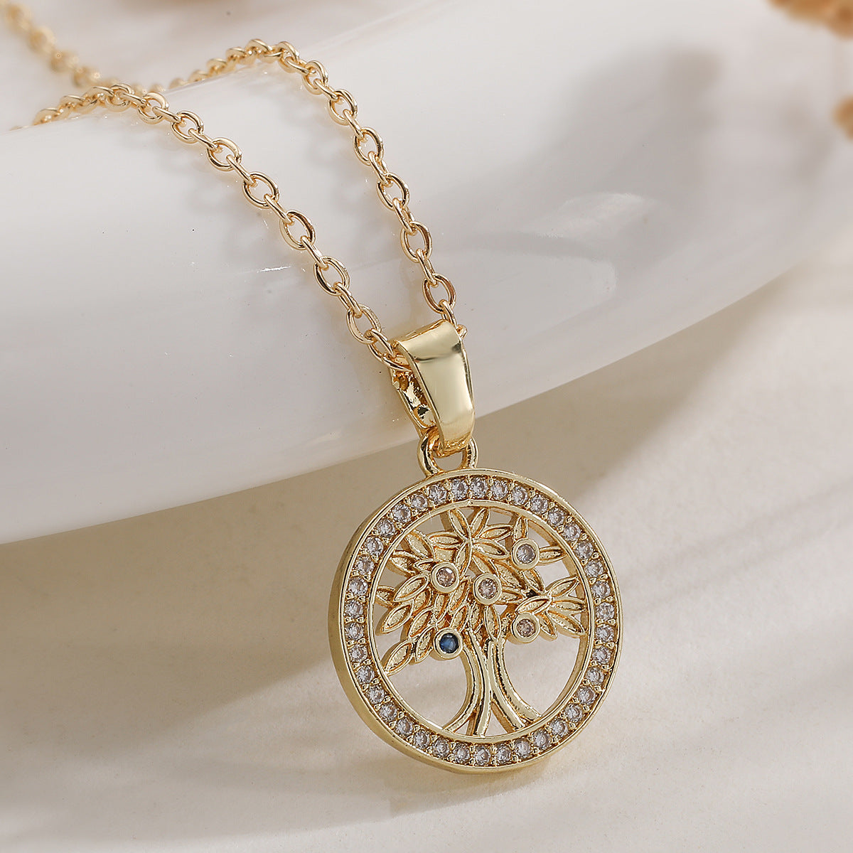 Minimalist Luxury Gold Plated Geometric Tree of Life Cubic Zirconia Pendant Necklace for Women