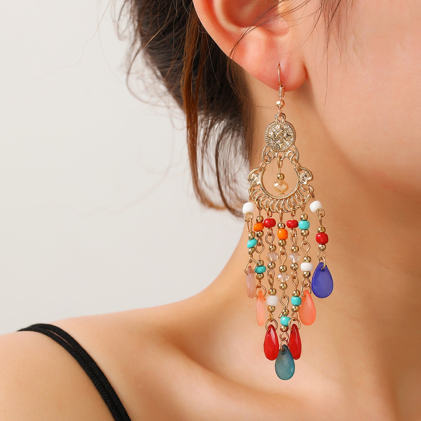 Bohemian Vintage Geometric Teardrop Hollow Tassel Drop Earrings for Women