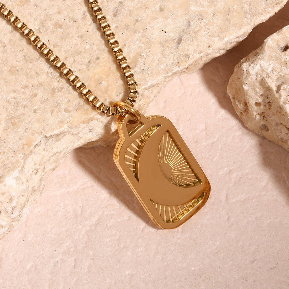 Minimalist Geometric Pendant Necklace for Women Stainless Steel with 18K Gold Plating and Engraved Moon Charm