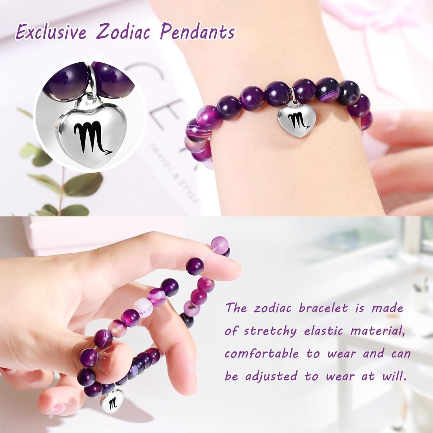 Elegant Heart Shape Agate Beaded Charm Bar for Women Zodiac Natural Stone Birthday Gift