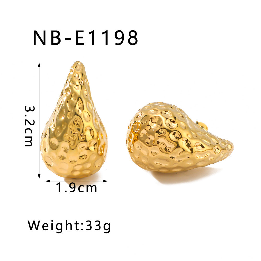 Vintage Stainless Steel Hammered Texture Hollow Drip-Shaped Earrings with 18K Gold Plating for Women