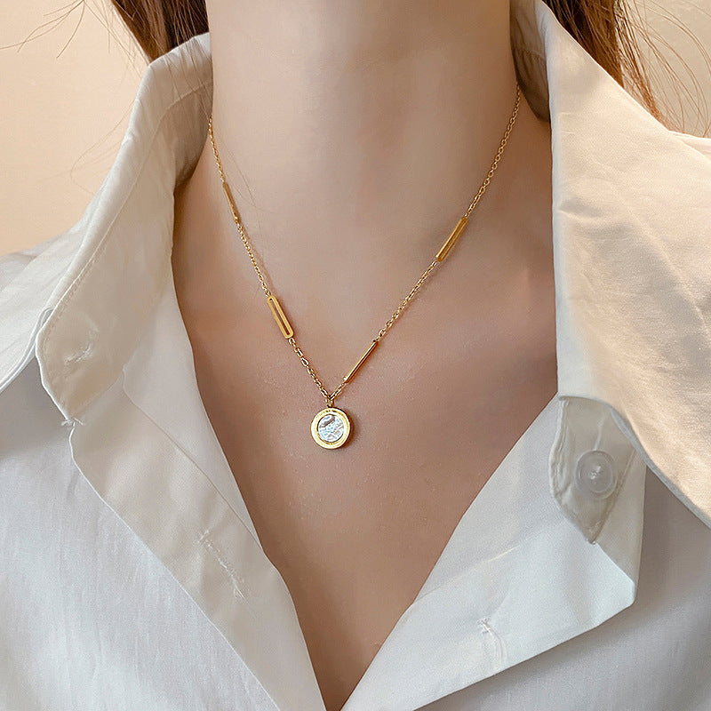 Minimalist Geometric Titanium Steel Black and White Abalone Double-Sided Roman Necklace for Women with Plated Finish Snake Chain