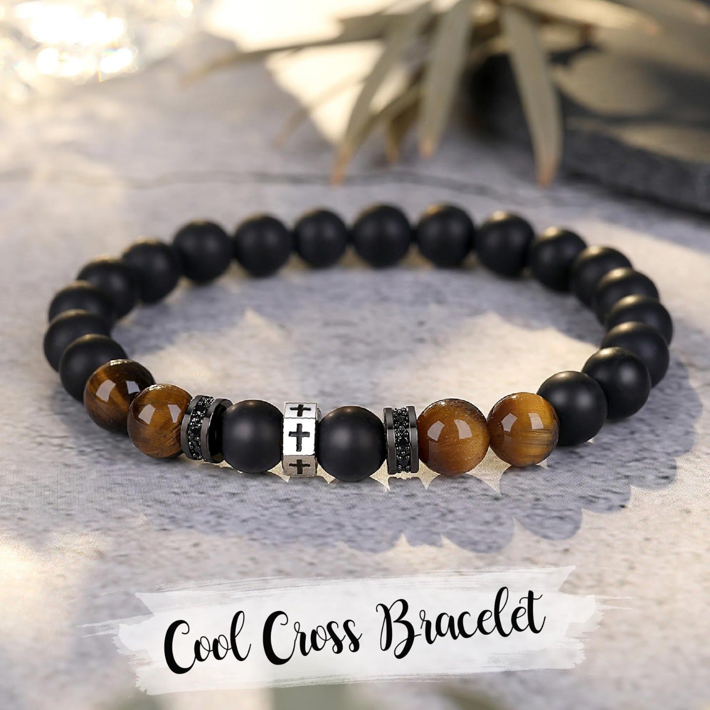 Matte Geometric Cross Tiger Eye Beaded Bracelet Stainless Steel Elastic Bangle
