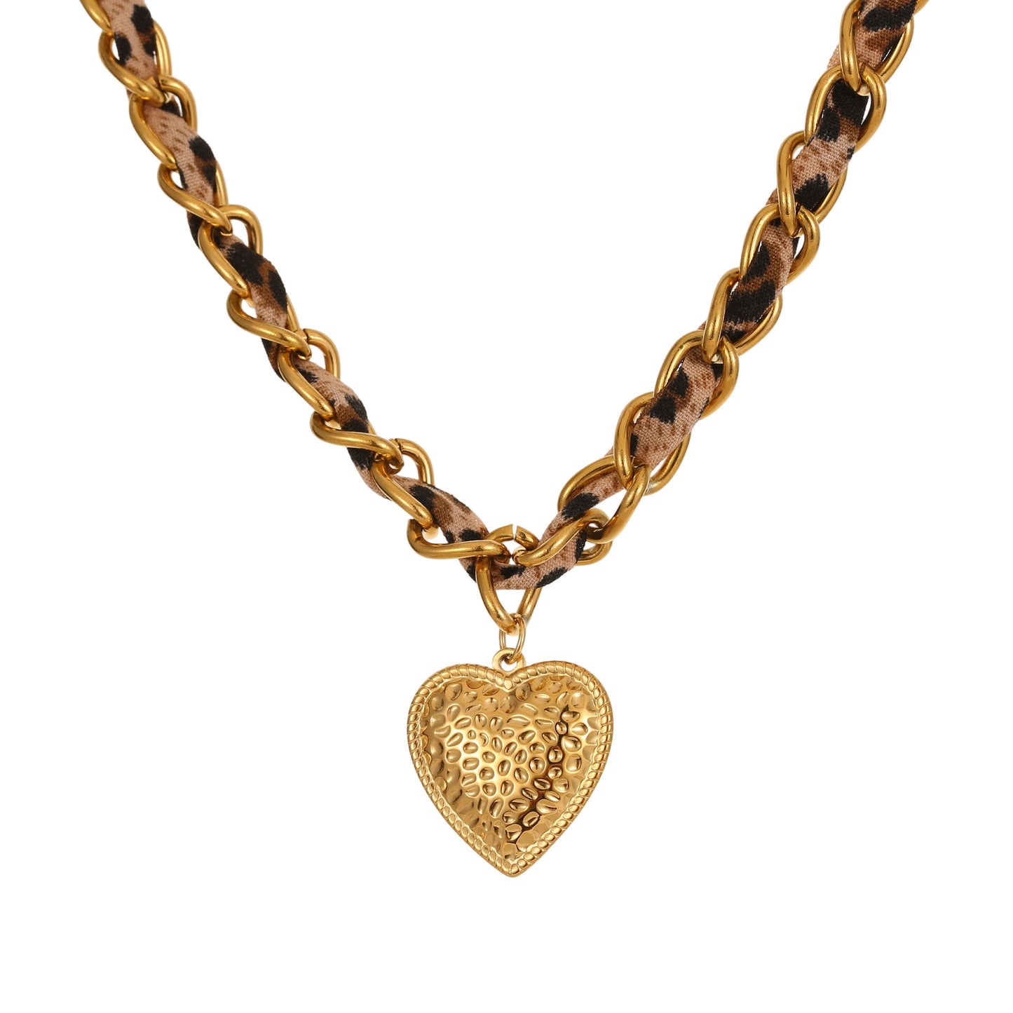 Collana con Pendente a Cuore a Stampa Leopardata alla Moda in Acciaio Inossidabile con Placcatura in Oro 18K da Donna