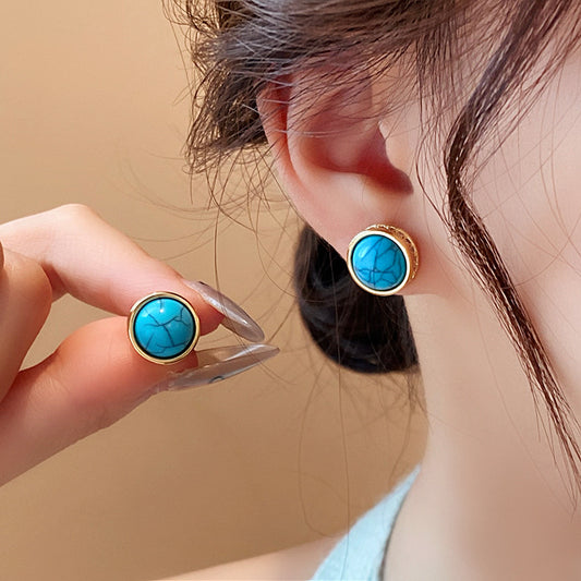 Orecchini a perno da donna in rame placcato oro stile lussuoso, geometrici, con turchese e zirconi, e perni in acciaio inossidabile