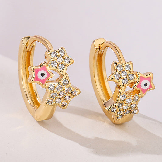 Fashionable Geometric Star-Shaped Copper Earrings with Gold Plating and Enamel Eye Detail for Women