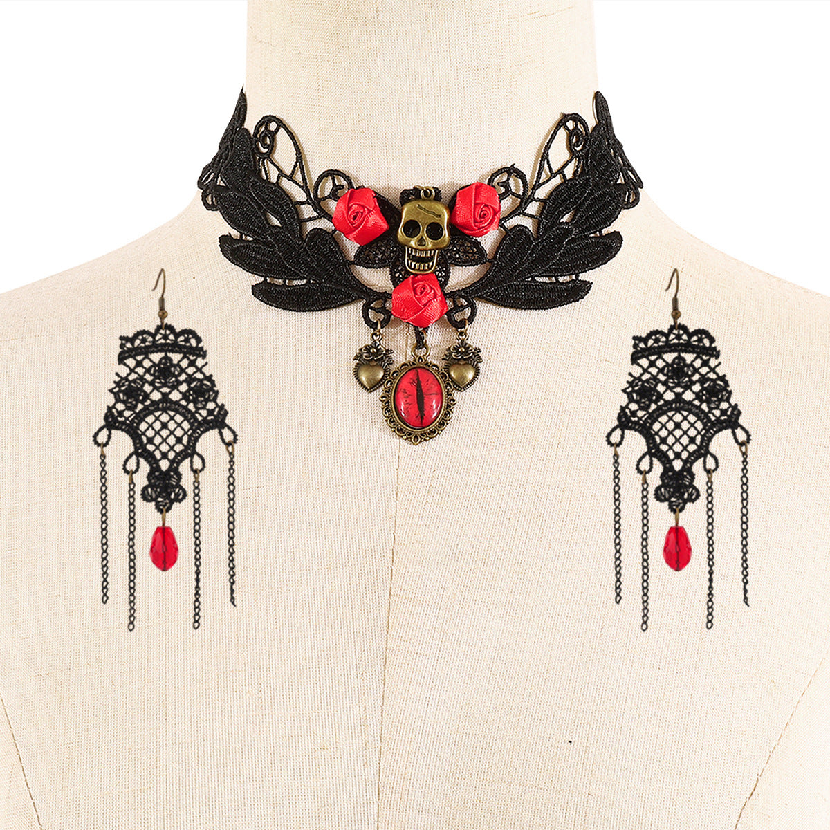 Set collana con ciondolo nappa di rose in pizzo gotico di Halloween e orecchini da donna con accenti di strass