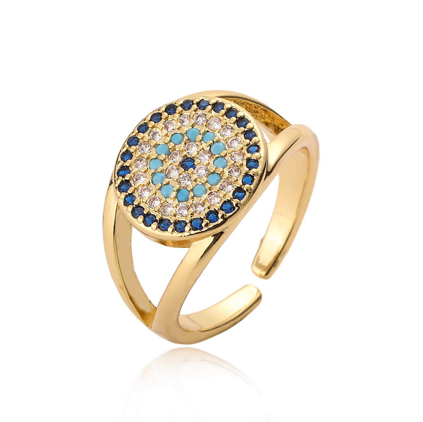 Minimalist Geometric Open Ring for Women with Zircon Inlay and Evil Eye Design in Copper