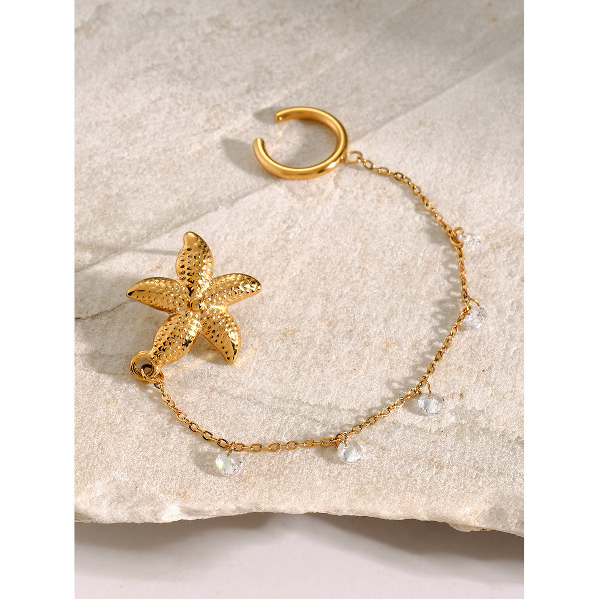 Ins Style Summer Ocean Series 18K Gold Plated Stainless Steel Starfish Rhestone Clip-on Earrings for Women