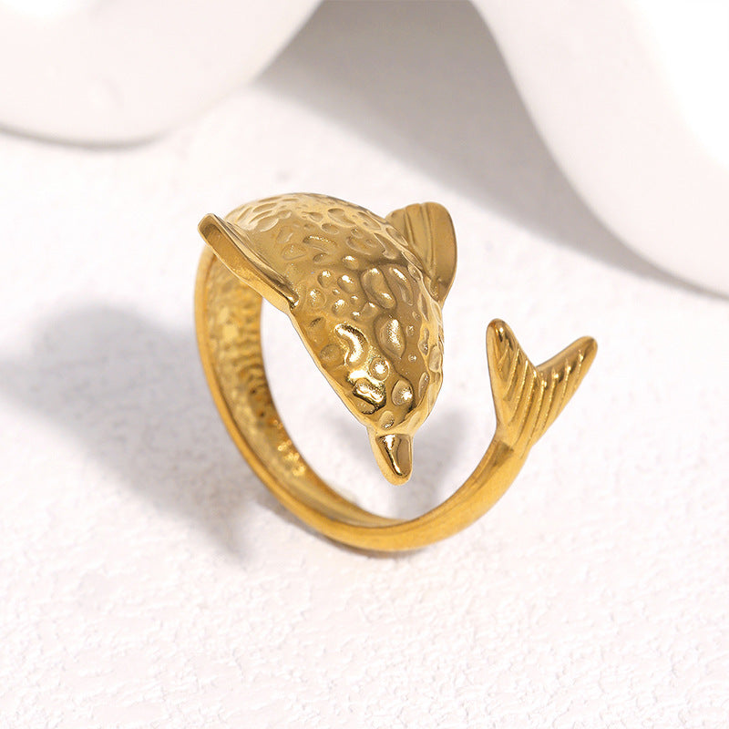 Cute Gold Plated Stainless Steel Dolphin Ring Adjustable Animal Design for Women