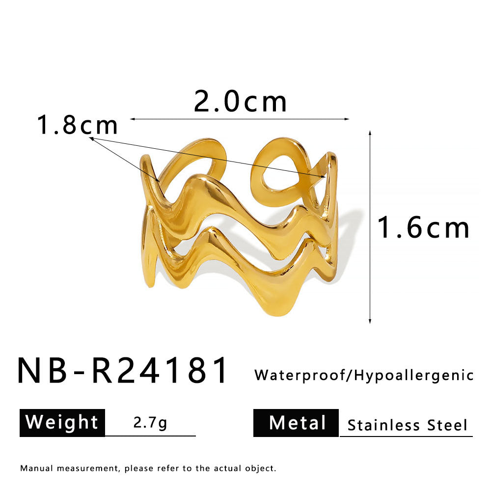 Anello irregolare a doppio strato ondulato geometrico in acciaio inossidabile con finitura placcata per gioielli di moda unisex