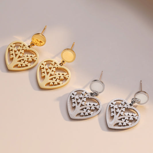 Minimalist Hollow-Out Tree of Life Heart-Shaped Titanium Steel Earrings for Women