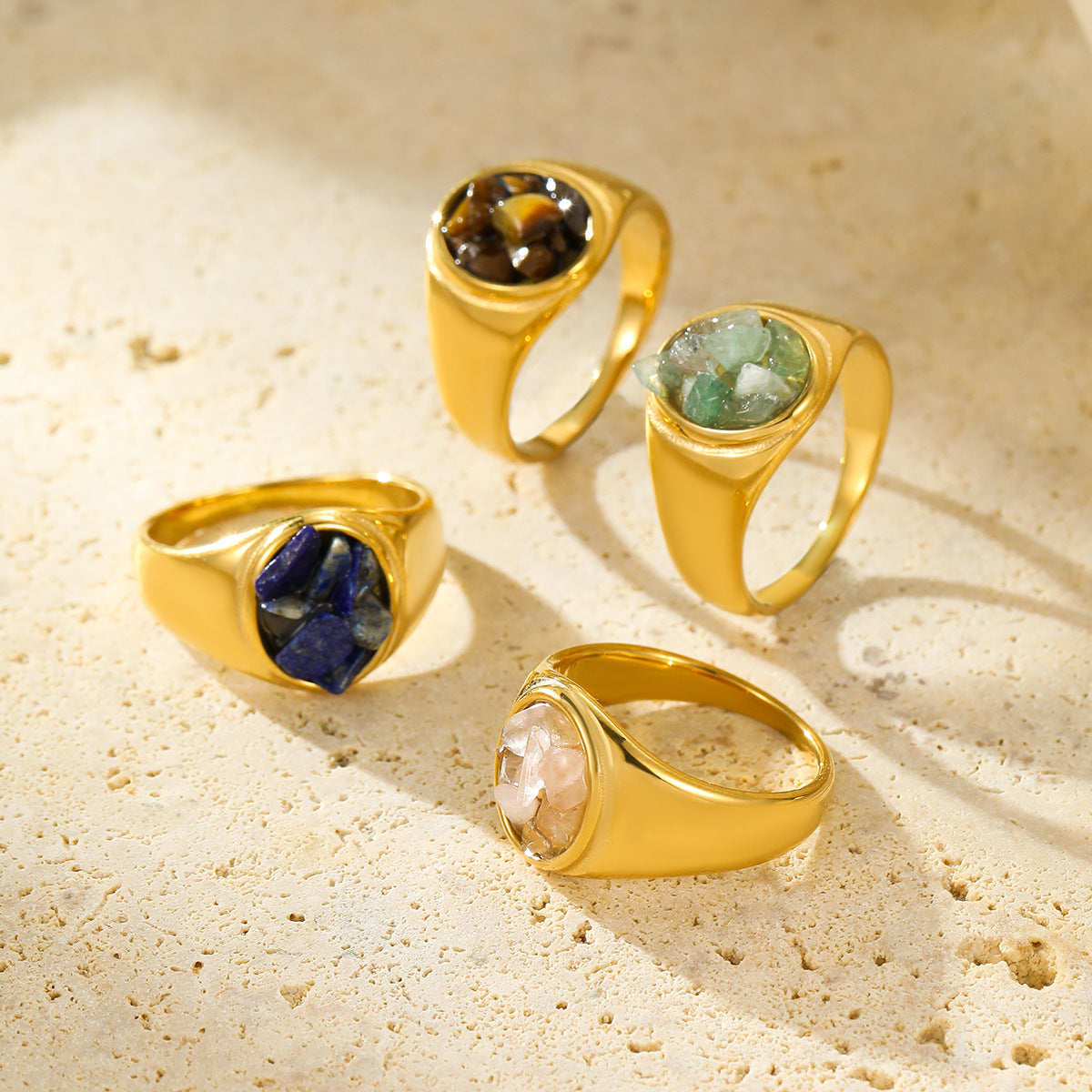 Fashionable Minimalist Round Stainless Steel Ring with Natural Stone Inlay for Women, Hypoallergenic and Fade-Resistant