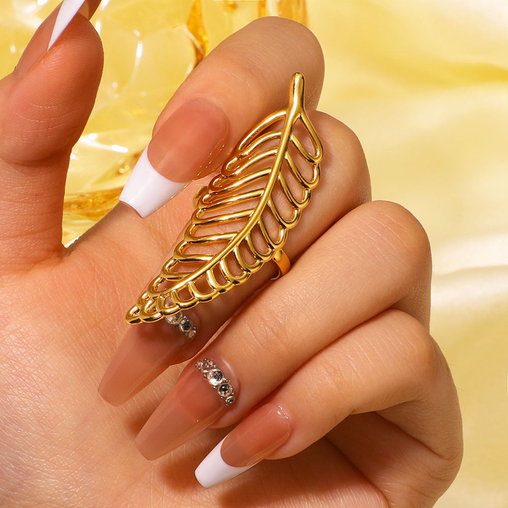 Minimalist Asymmetrical Leaf-Shaped Stainless Steel Ring with Wavy Geometric Lines and Electroplated Finish for Women and Men