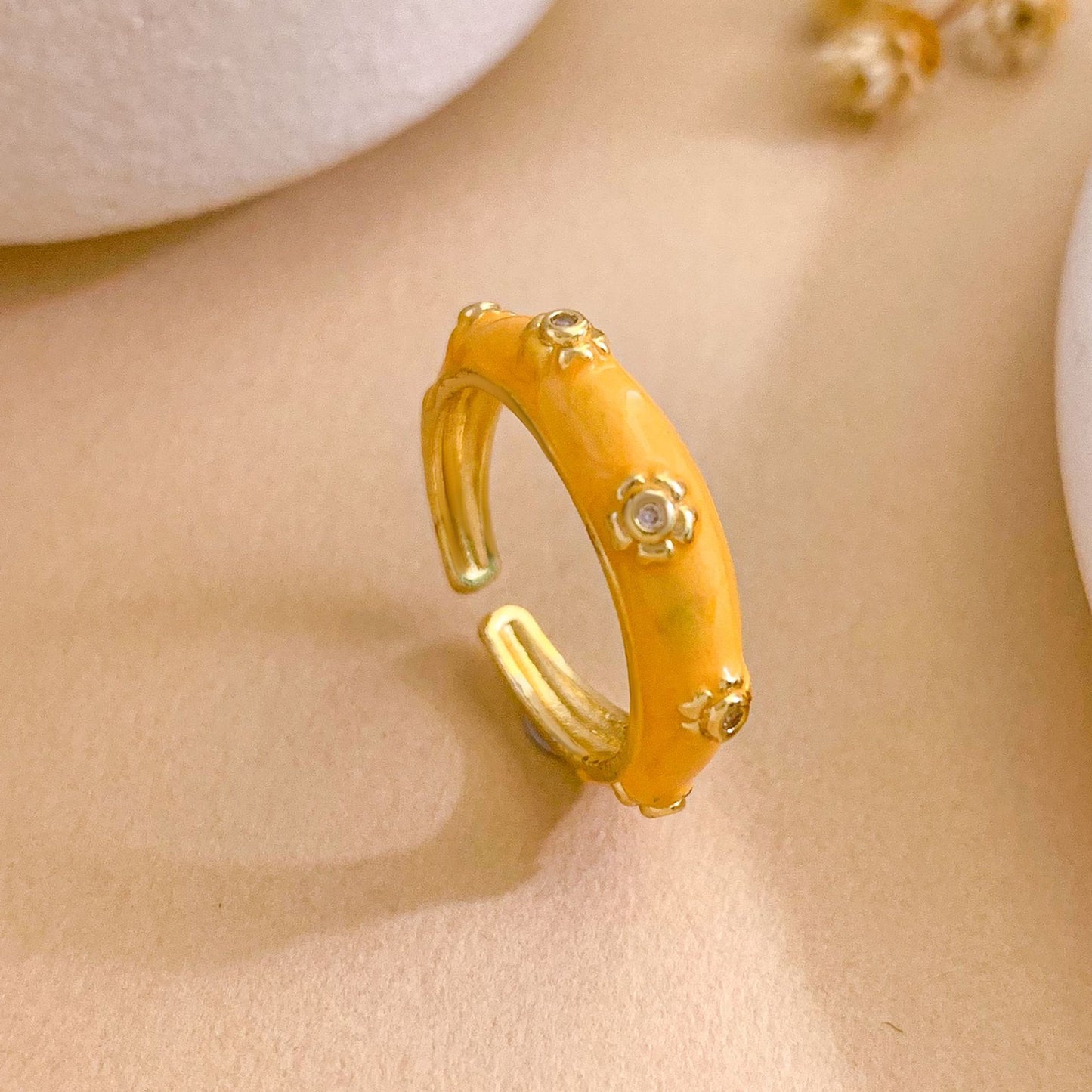Vintage Sweet Floral Enamel Gold Plated Brass Open Ring for Women