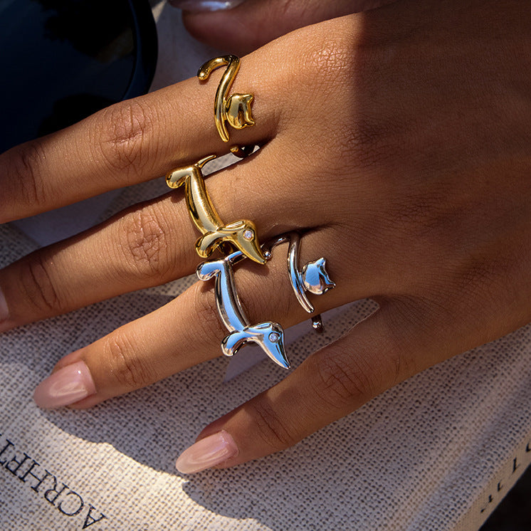 Anillo de gato geométrico de acero de titanio con acabado chapado para mujer, accesorio de moda