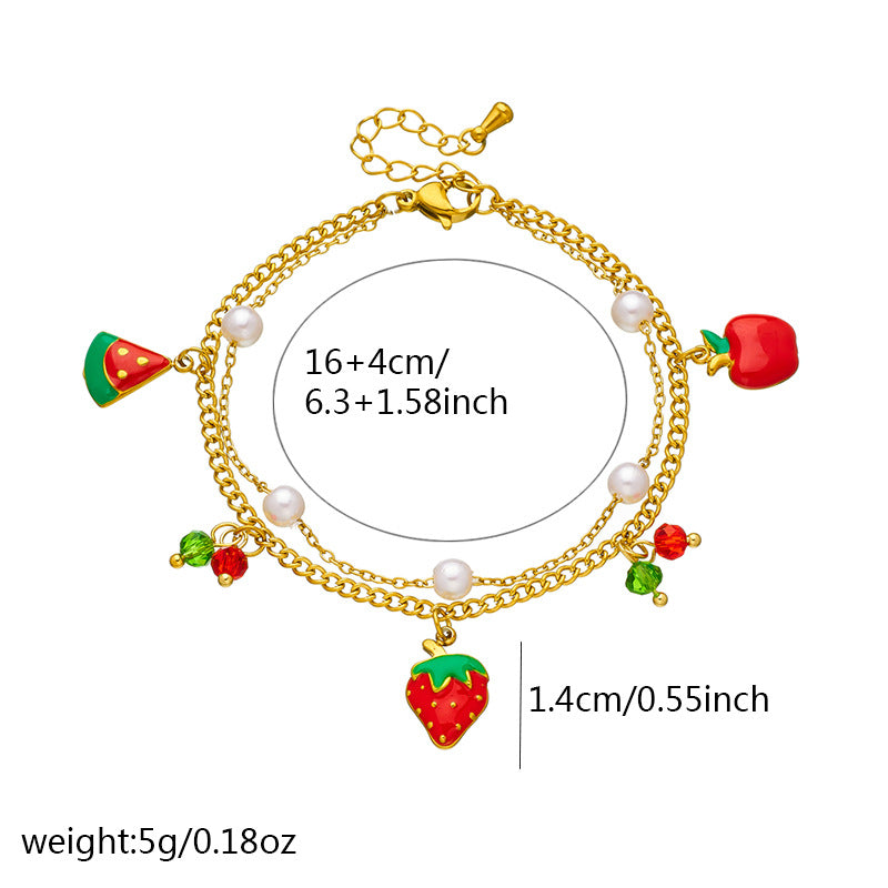Minimalist Sweet Drip Oil Stainless Steel Fruit Pendant Necklace and Bracelet Set for Women