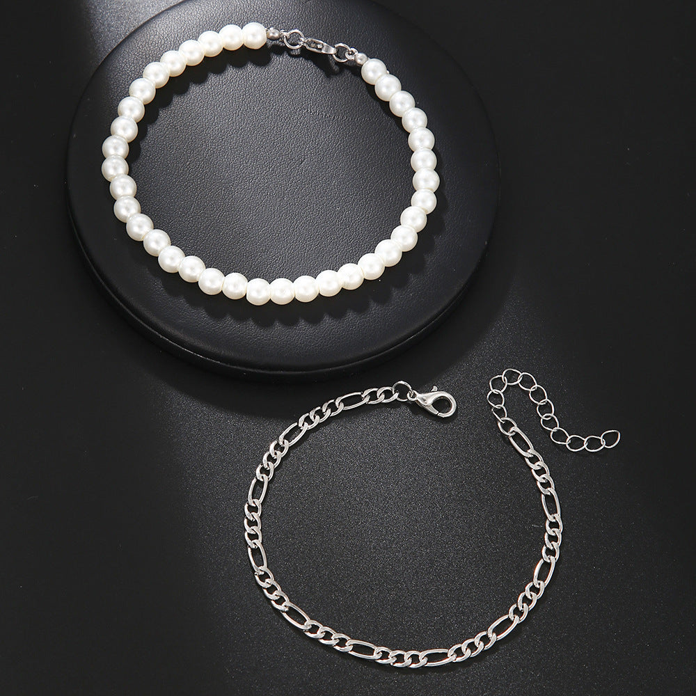 Minimalist Geometric Round Pearl Handmade Brass Iron Chain Bracelet Unisex