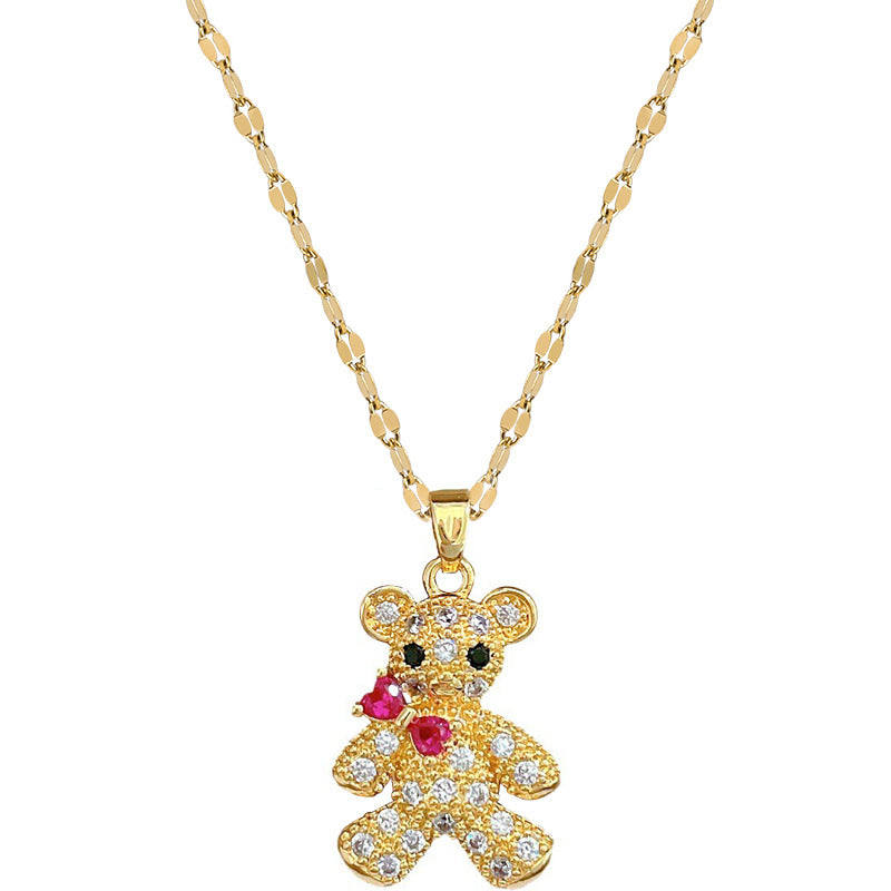 Minimalist Bow-Knot Bear Pendant Necklace for Women with Rhinestone Inlay on Titanium Steel Chain