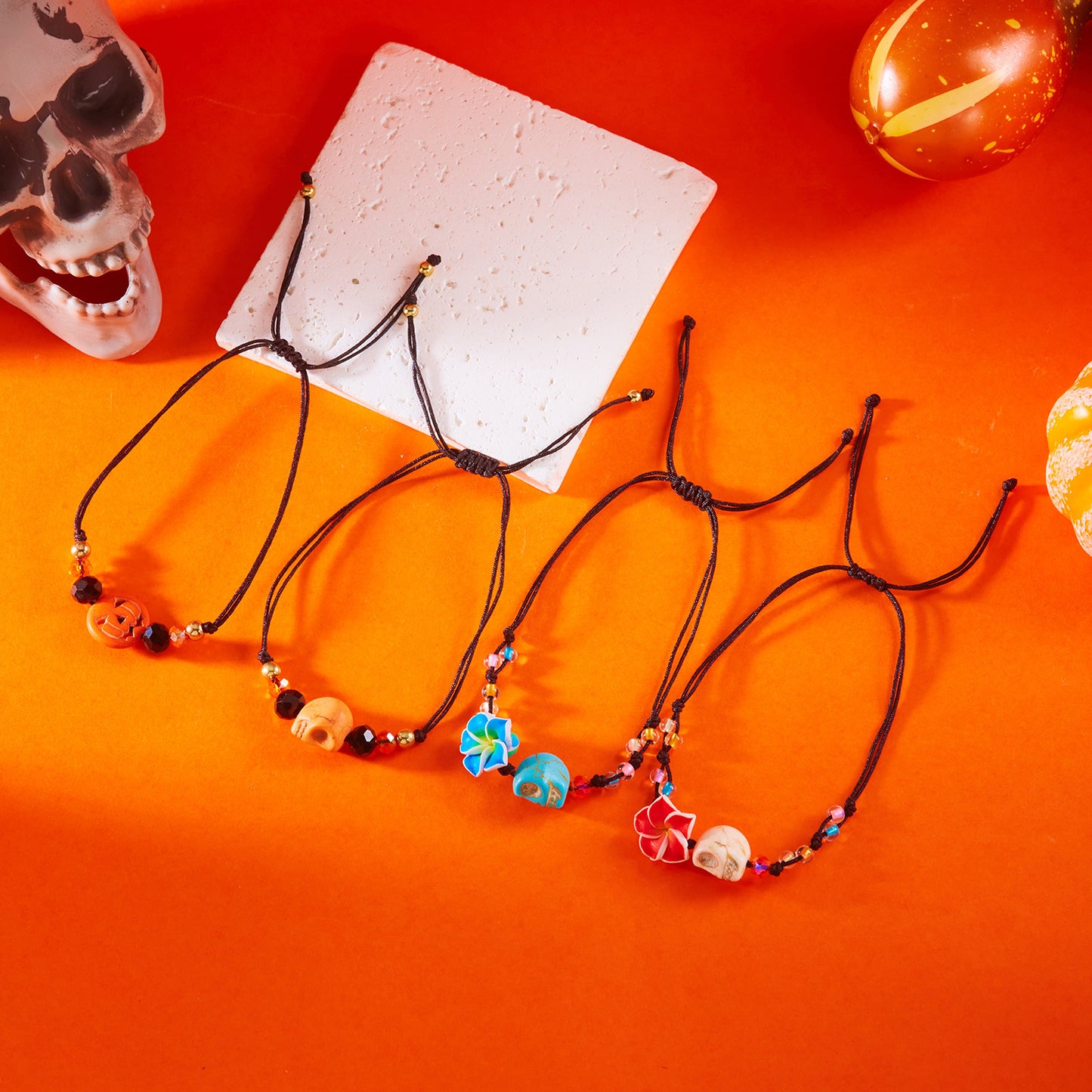 Pulsera de resina con calavera de calabaza de Halloween dulce y atrevida con motivos florales para mujeres y hombres