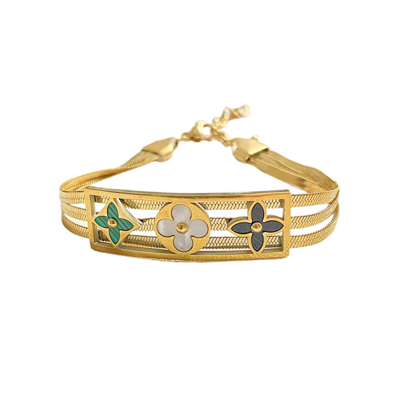 Gold Plated Titanium Steel Four-Leaf Clover Tree of Life Bracelet Floral Design Unisex