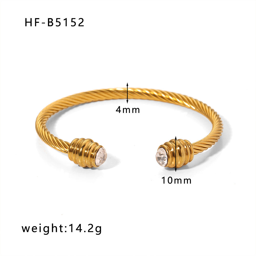 Minimalist Geometric Stainless Steel Bracelet with Zircon Inlay and 18K Gold Plating for Women