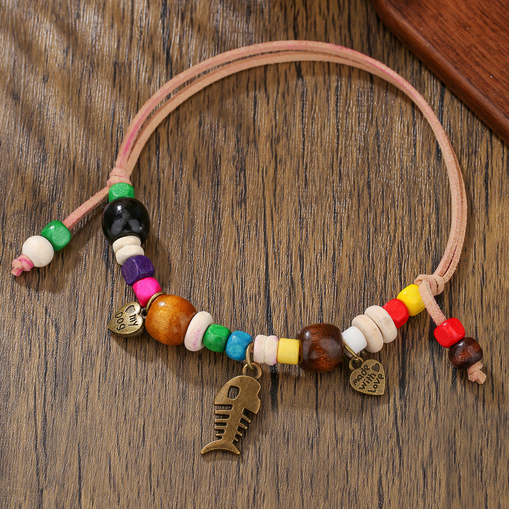 Handmade Natural Wood Bead Pet Necklace with Adjustable Double Layer Rope Chain for Dogs Cats and Animals in Heart Shape