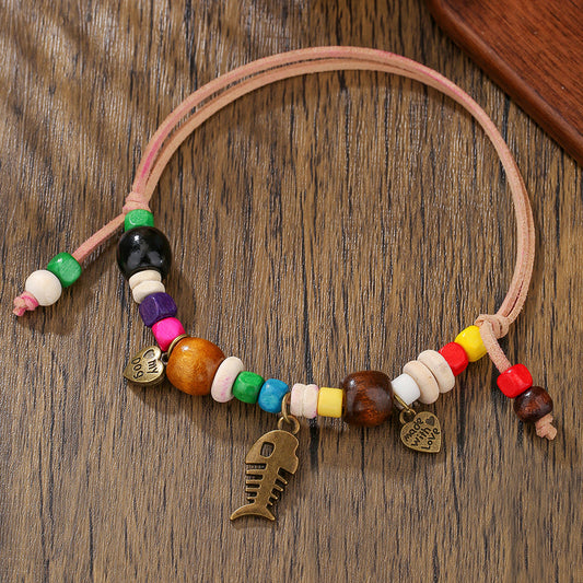 Collar de cuentas de madera natural hecho a mano con cadena de cuerda de doble capa ajustable para perros, gatos y animales en forma de corazón