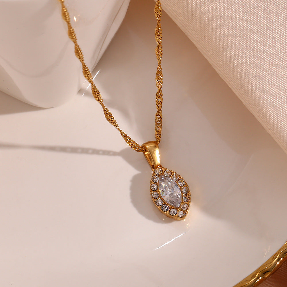Minimalist Geometric Stainless Steel Leaf Pendant Necklace with Zircon Accents for Women