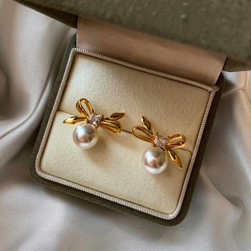 Orecchini a perno con fiocco di strass e perle con perni in acciaio placcato da donna, gioielli per orecchie vintage alla moda, minimalisti ed eleganti di lusso